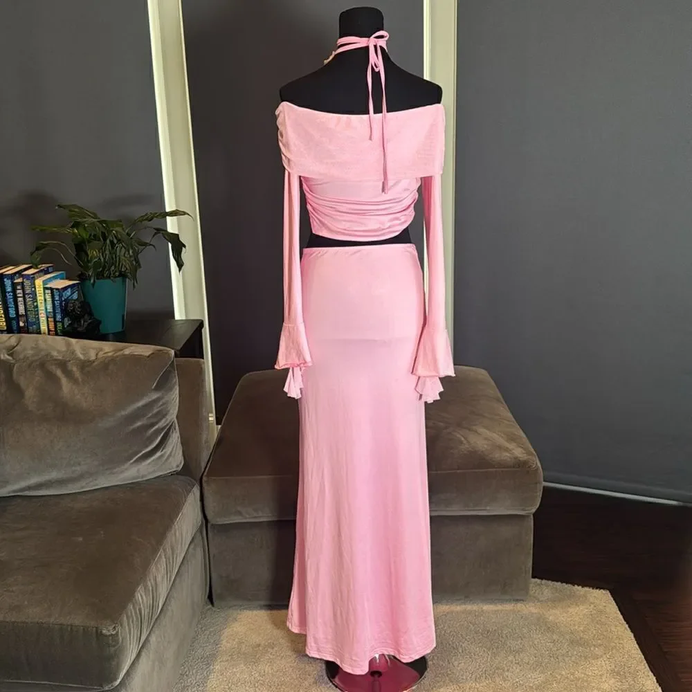 Pink 2 Piece Set Off the Shoulder Long Sleeve Crop Top & Skirt Size L NEW